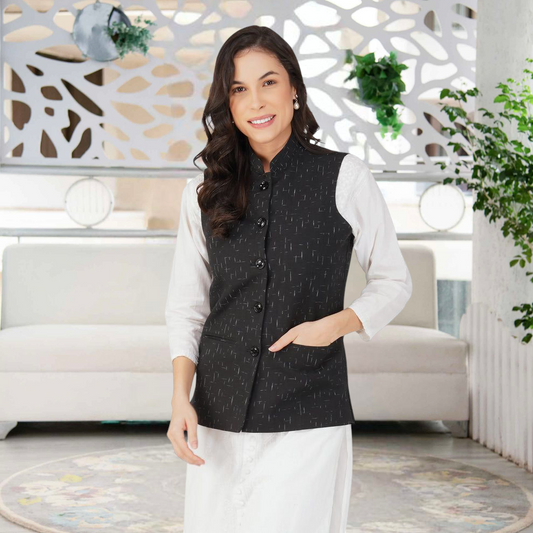 Ladies Modi Nehru Jacket / Waistcoat - Khadi Look in Mix Ikat Patterns Jacket