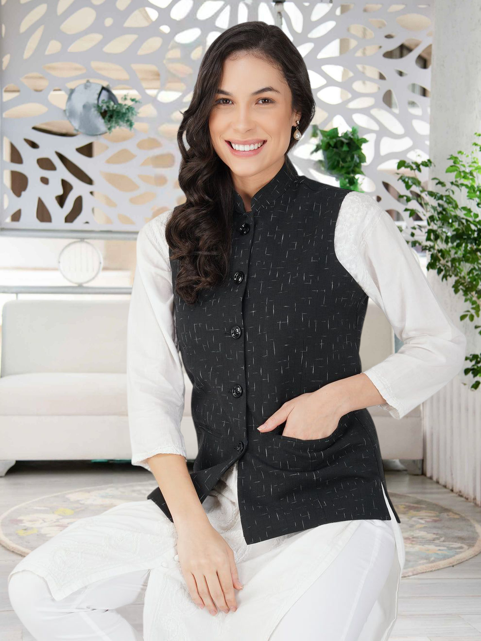 Ladies Modi Nehru Jacket / Waistcoat - Khadi Look in Mix Ikat Patterns Jacket