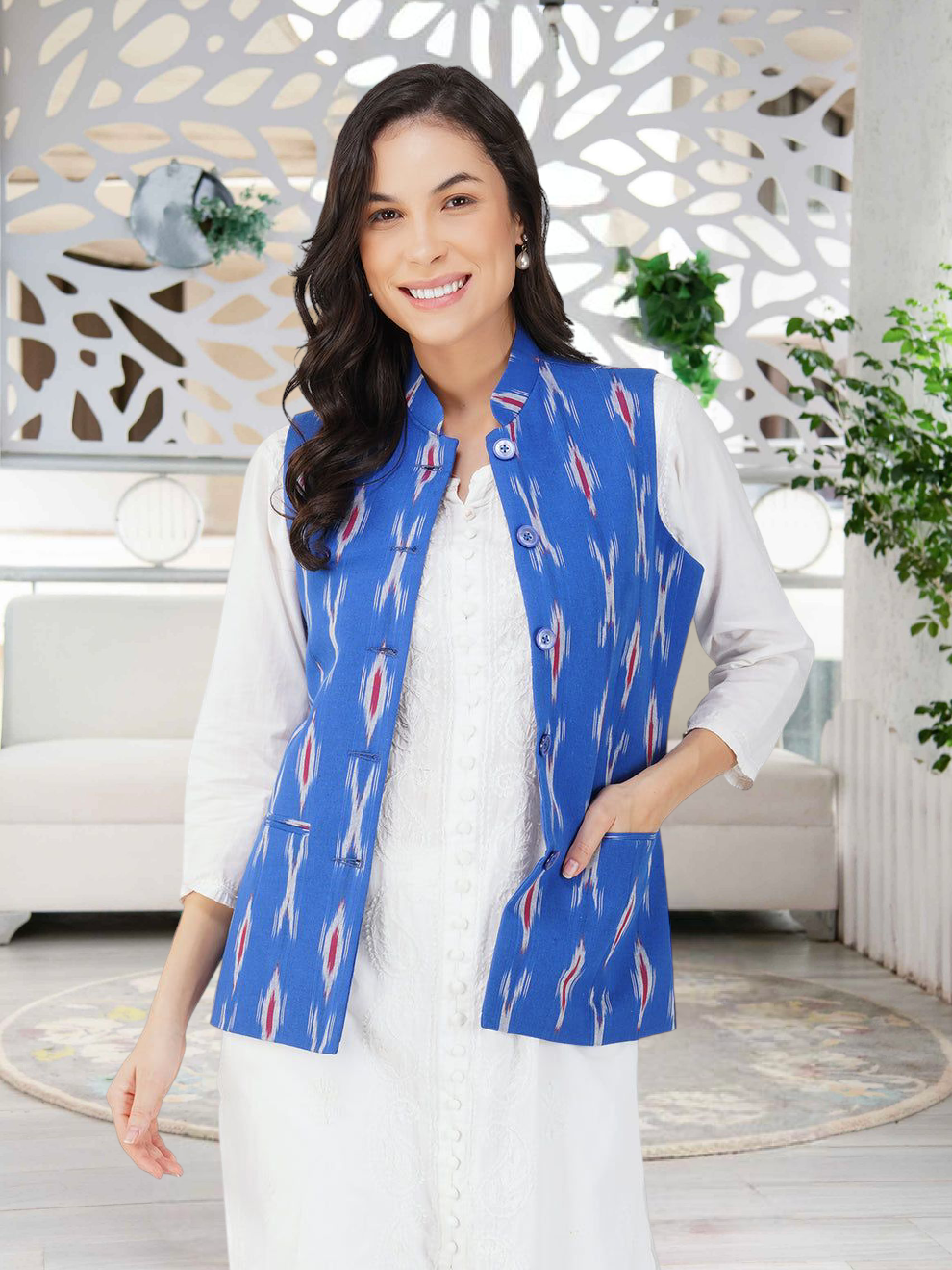 Ladies Modi Nehru Jacket / Waistcoat - Khadi Look in Mix Ikat Patterns Jacket
