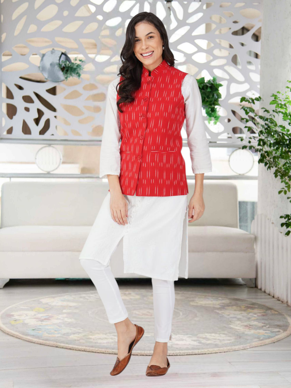 Ladies Modi Nehru Jacket / Waistcoat - Khadi Look in Mix Ikat Patterns Jacket