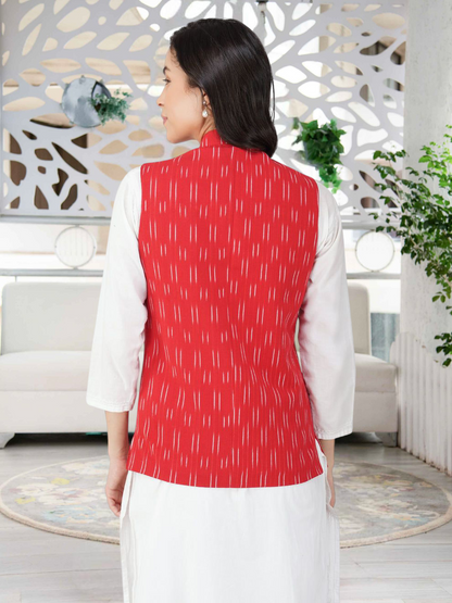 Ladies Modi Nehru Jacket / Waistcoat - Khadi Look in Mix Ikat Patterns Jacket