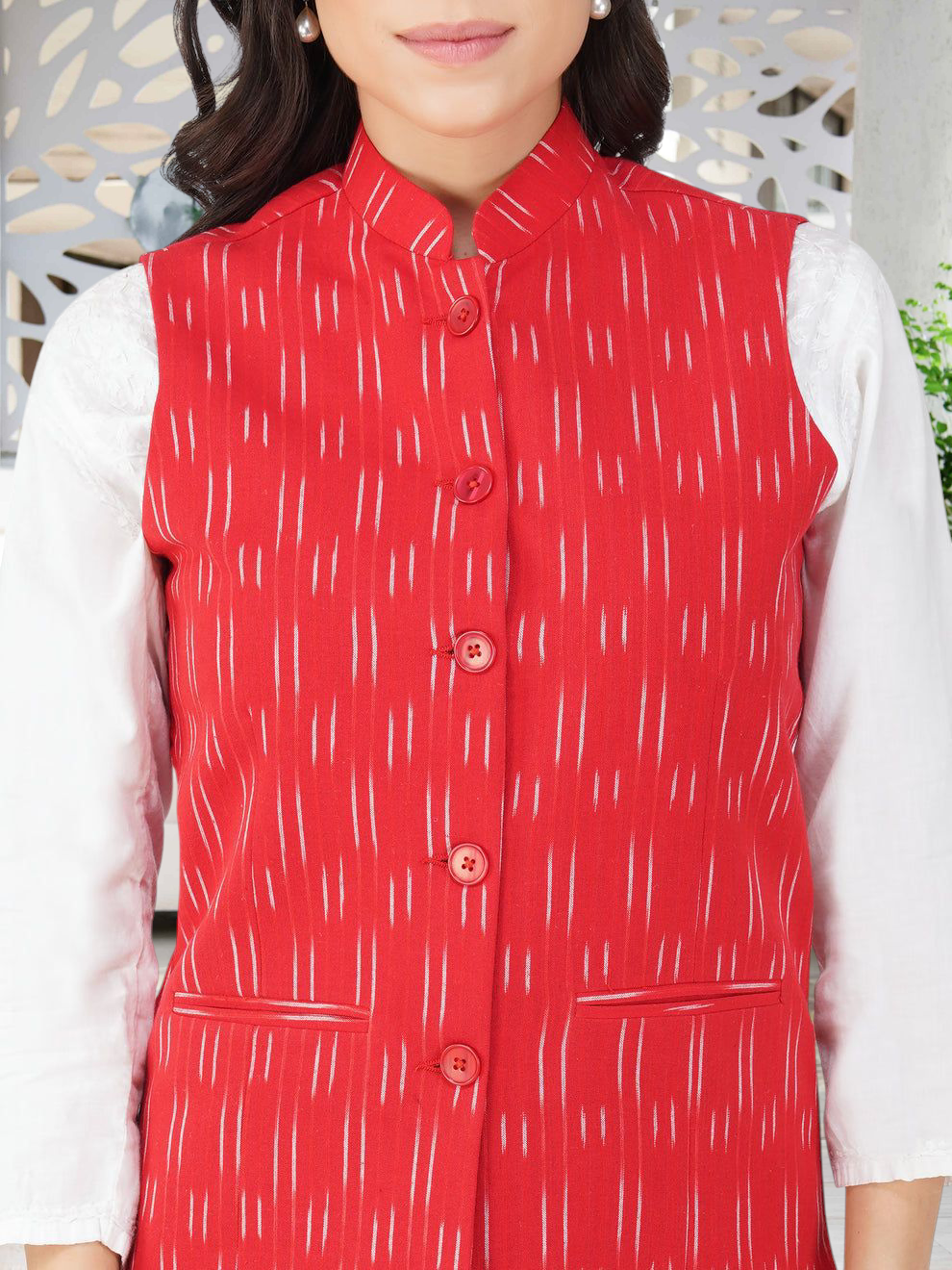 Ladies Modi Nehru Jacket / Waistcoat - Khadi Look in Mix Ikat Patterns Jacket