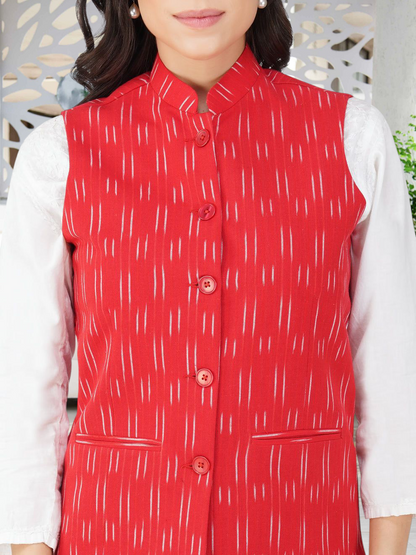 Ladies Modi Nehru Jacket / Waistcoat - Khadi Look in Mix Ikat Patterns Jacket