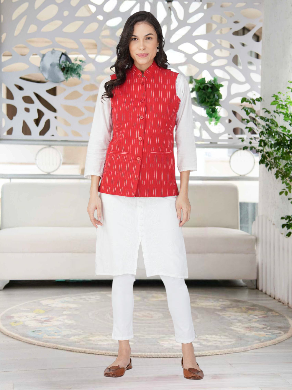 Ladies Modi Nehru Jacket / Waistcoat - Khadi Look in Mix Ikat Patterns Jacket