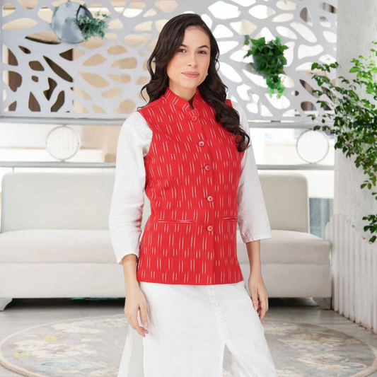 Ladies Modi Nehru Jacket / Waistcoat - Khadi Look in Mix Ikat Patterns Jacket
