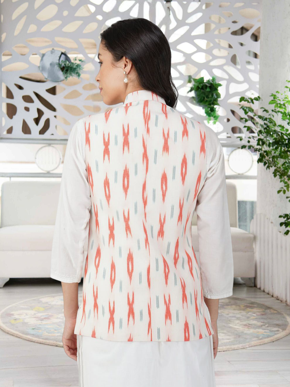 Ladies Modi Nehru Jacket / Waistcoat - Khadi Look in Mix Ikat Patterns Jacket