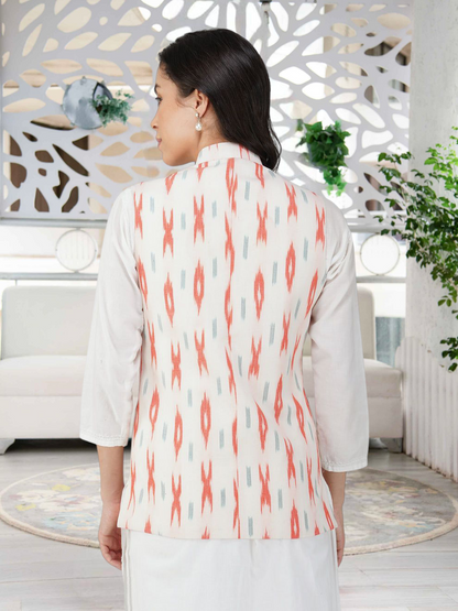 Ladies Modi Nehru Jacket / Waistcoat - Khadi Look in Mix Ikat Patterns Jacket