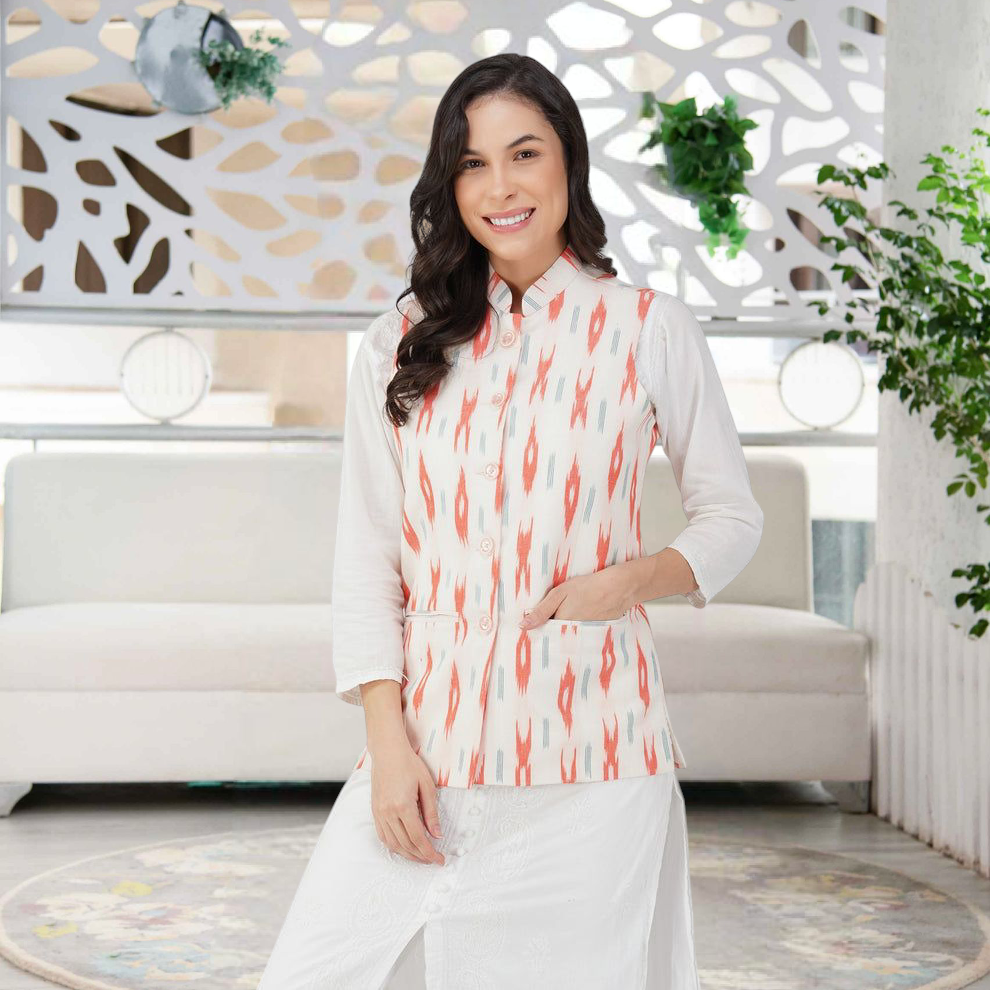 Ladies Modi Nehru Jacket / Waistcoat - Khadi Look in Mix Ikat Patterns Jacket