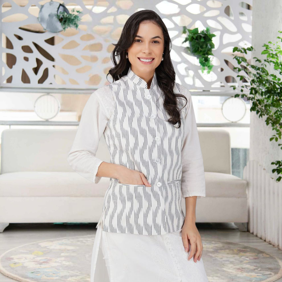 Ladies Modi Nehru Jacket / Waistcoat - Khadi Look in Mix Ikat Patterns Jacket