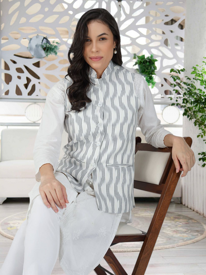 Ladies Modi Nehru Jacket / Waistcoat - Khadi Look in Mix Ikat Patterns Jacket