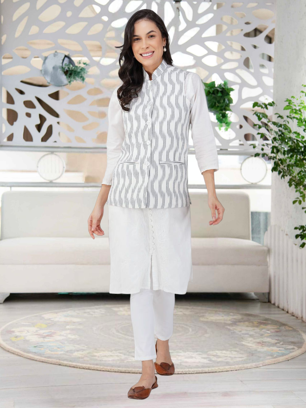 Ladies Modi Nehru Jacket / Waistcoat - Khadi Look in Mix Ikat Patterns Jacket