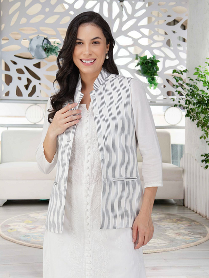 Ladies Modi Nehru Jacket / Waistcoat - Khadi Look in Mix Ikat Patterns Jacket