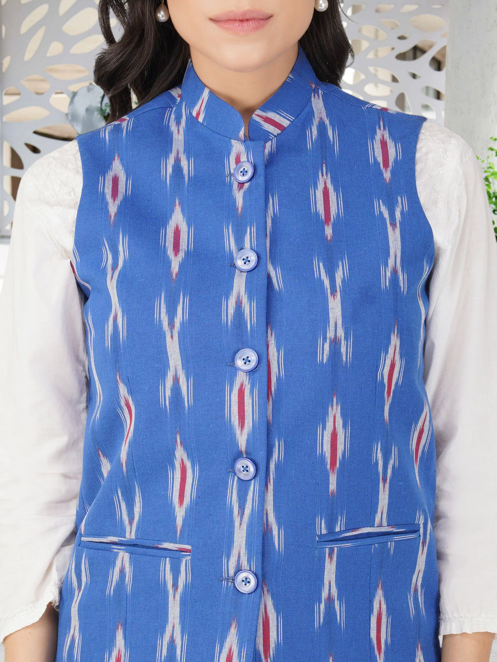 Ladies Modi Nehru Jacket / Waistcoat - Khadi Look in Mix Ikat Patterns Jacket