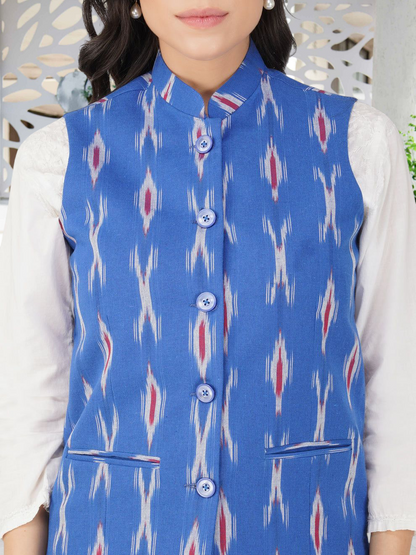 Ladies Modi Nehru Jacket / Waistcoat - Khadi Look in Mix Ikat Patterns Jacket
