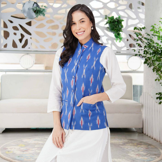 Ladies Modi Nehru Jacket / Waistcoat - Khadi Look in Mix Ikat Patterns Jacket