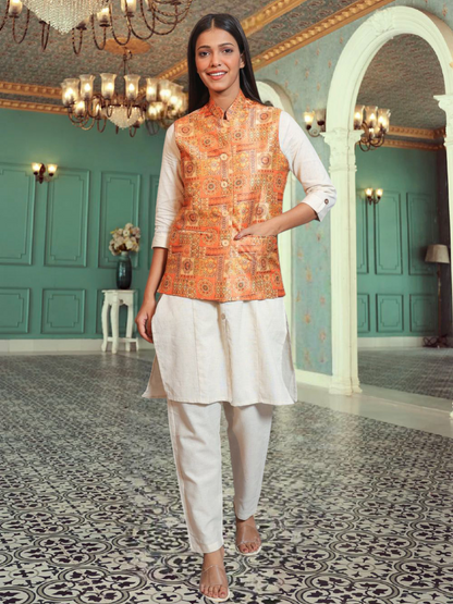 Digital Printed - Mango Silk Nehru Jacket Ladies Modi Jacket / Waistcoat