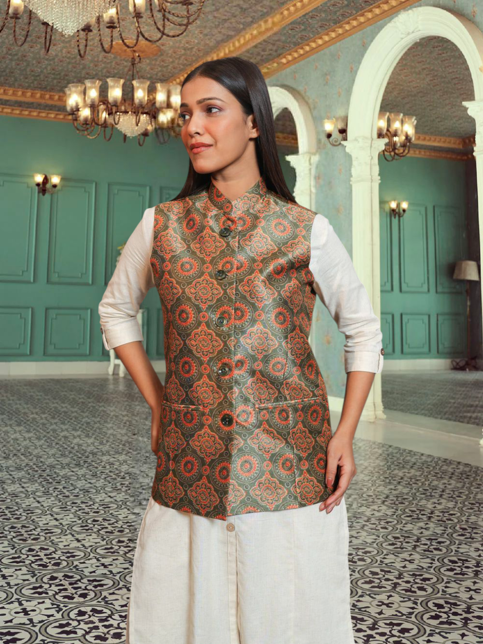 Digital Printed - Mango Silk Nehru Jacket Ladies Modi Jacket / Waistcoat