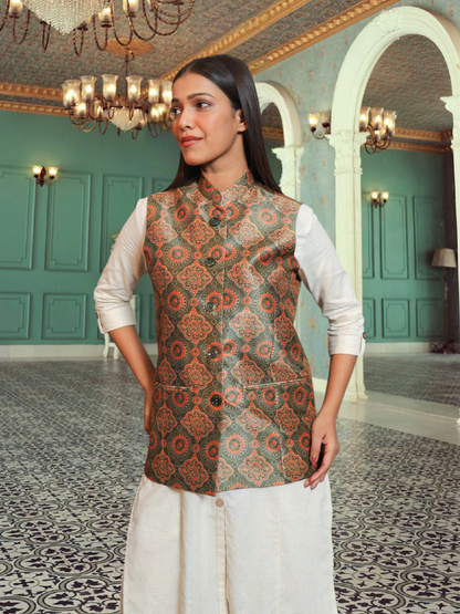 Digital Printed - Mango Silk Nehru Jacket Ladies Modi Jacket / Waistcoat