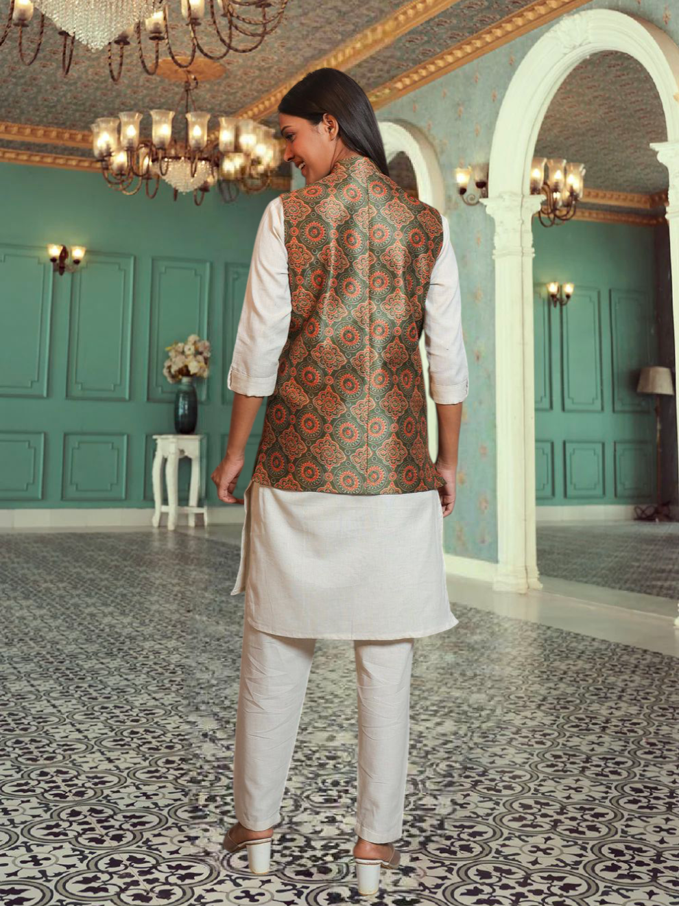 Digital Printed - Mango Silk Nehru Jacket Ladies Modi Jacket / Waistcoat