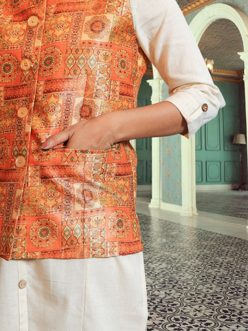 Digital Printed - Mango Silk Nehru Jacket Ladies Modi Jacket / Waistcoat