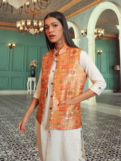 Digital Printed - Mango Silk Nehru Jacket Ladies Modi Jacket / Waistcoat