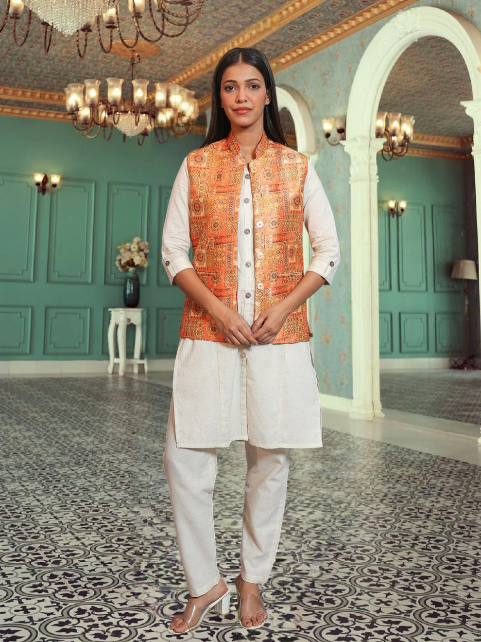 Digital Printed - Mango Silk Nehru Jacket Ladies Modi Jacket / Waistcoat