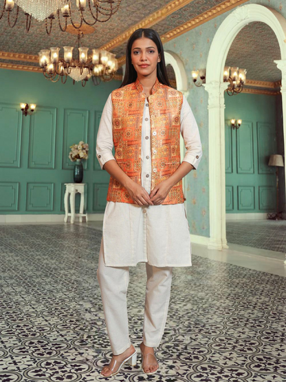 Digital Printed - Mango Silk Nehru Jacket Ladies Modi Jacket / Waistcoat