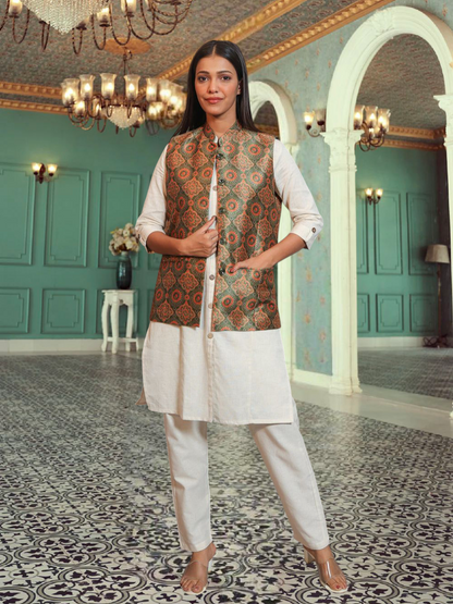 Digital Printed - Mango Silk Nehru Jacket Ladies Modi Jacket / Waistcoat