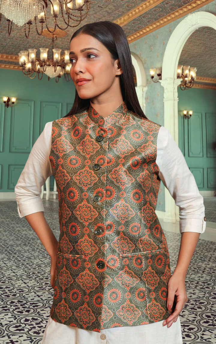 Digital Printed - Mango Silk Nehru Jacket Ladies Modi Jacket / Waistcoat