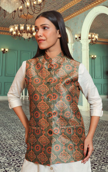 Digital Printed - Mango Silk Nehru Jacket Ladies Modi Jacket / Waistcoat