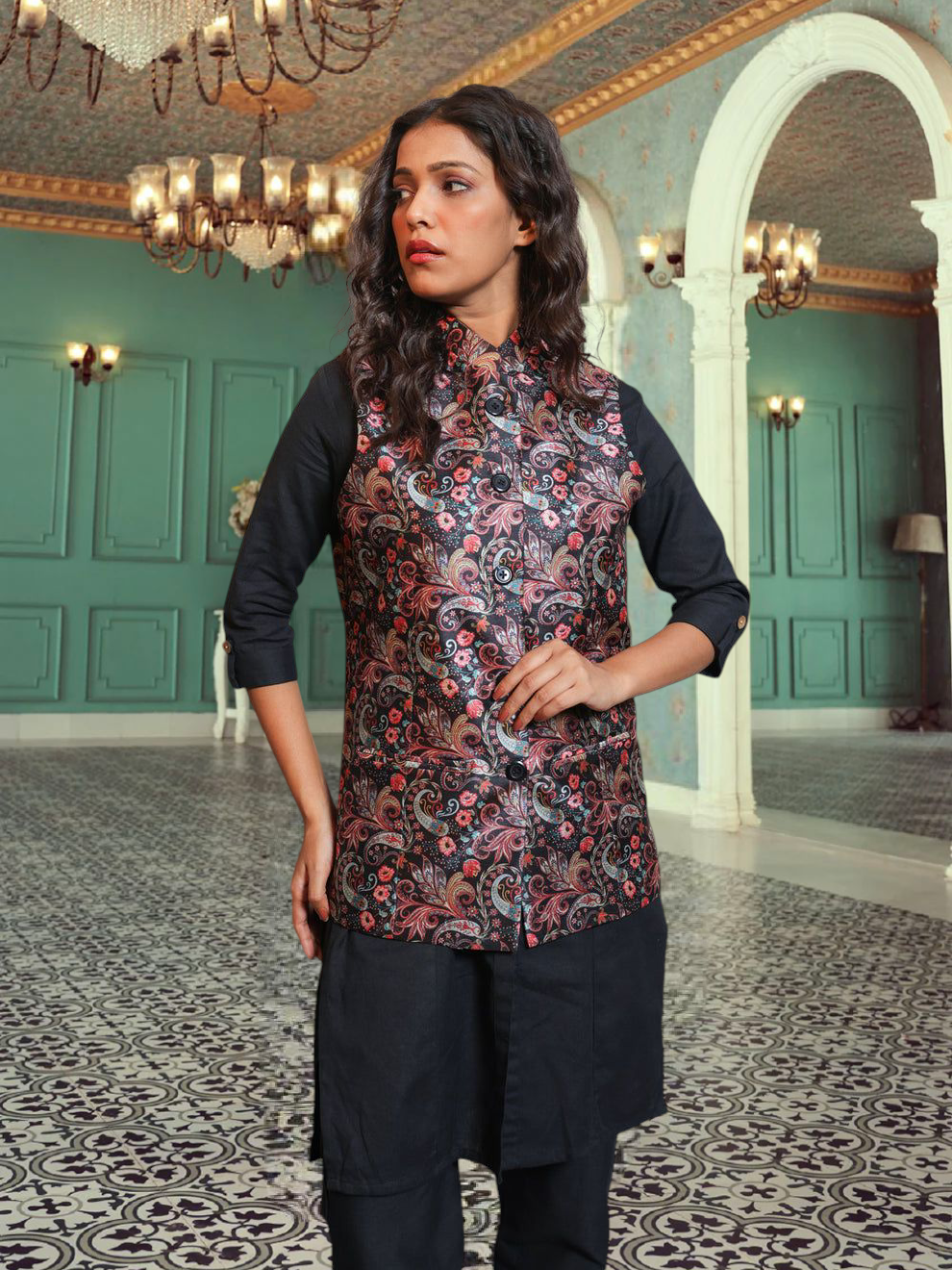 Digital Printed - Mango Silk Nehru Jacket Ladies Modi Jacket / Waistcoat