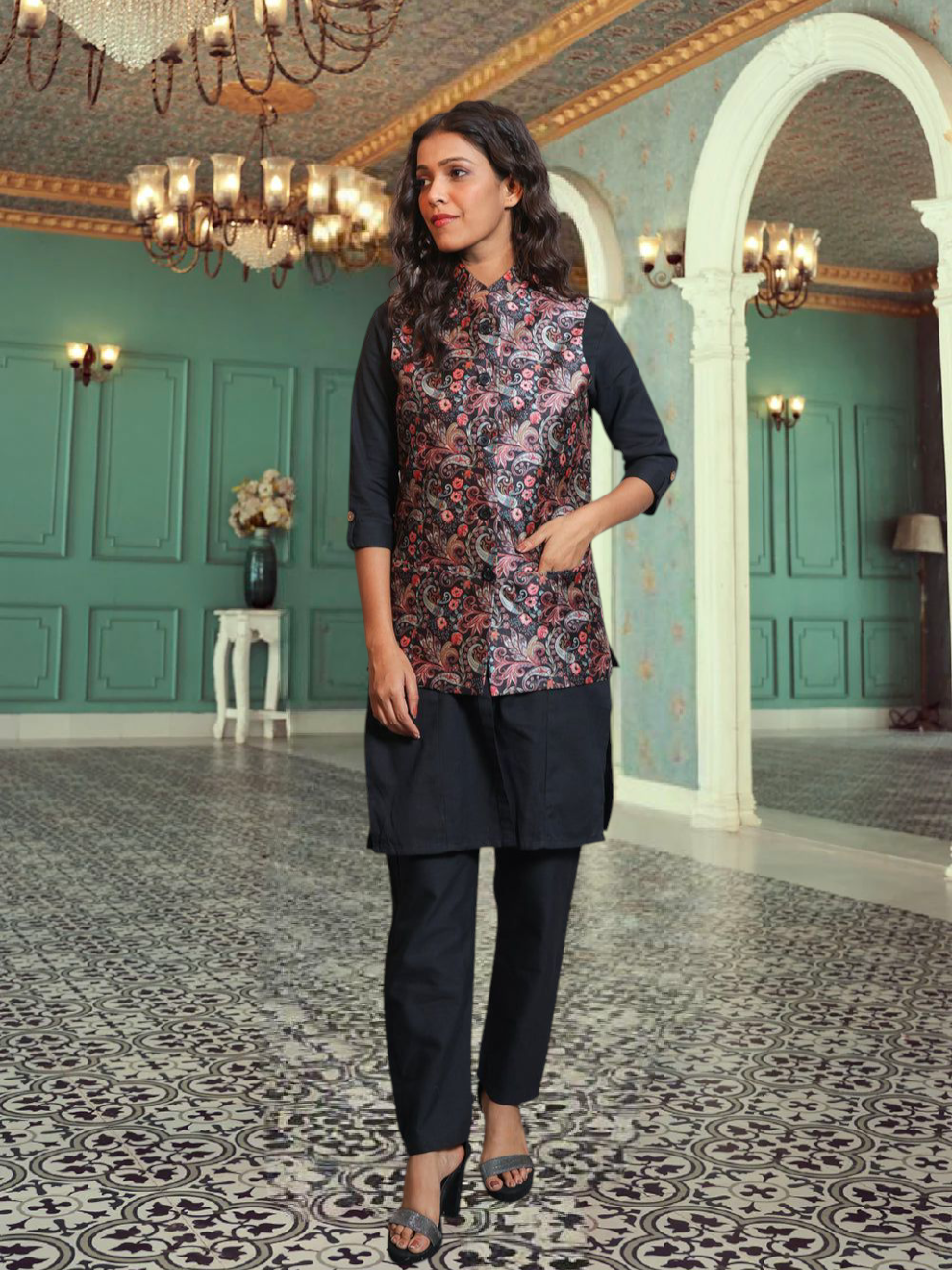 Digital Printed - Mango Silk Nehru Jacket Ladies Modi Jacket / Waistcoat
