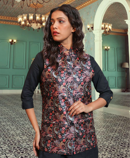Digital Printed - Mango Silk Nehru Jacket Ladies Modi Jacket / Waistcoat