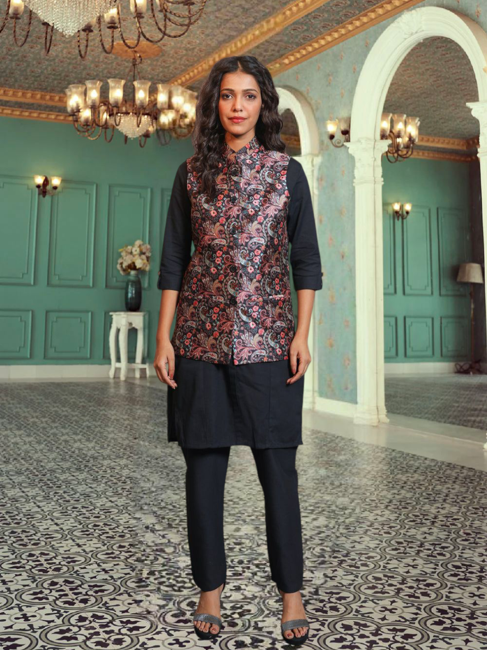 Digital Printed - Mango Silk Nehru Jacket Ladies Modi Jacket / Waistcoat