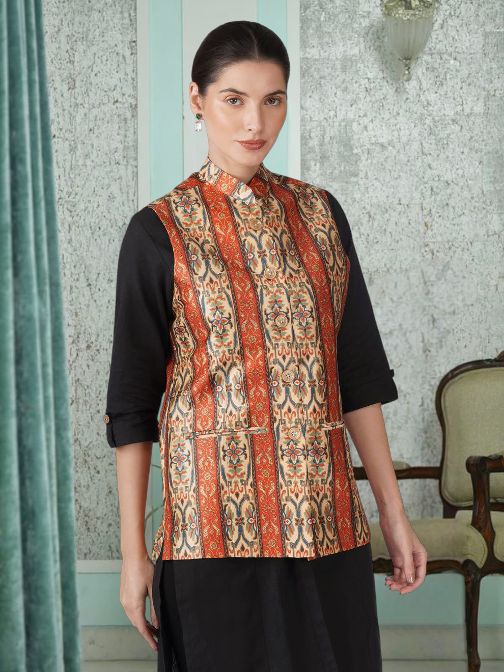 Digital Printed - Mango Silk Nehru Jacket Ladies Modi Jacket / Waistcoat