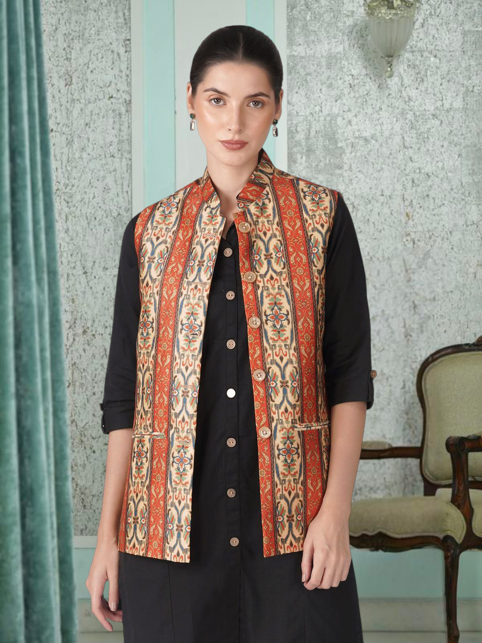 Digital Printed - Mango Silk Nehru Jacket Ladies Modi Jacket / Waistcoat