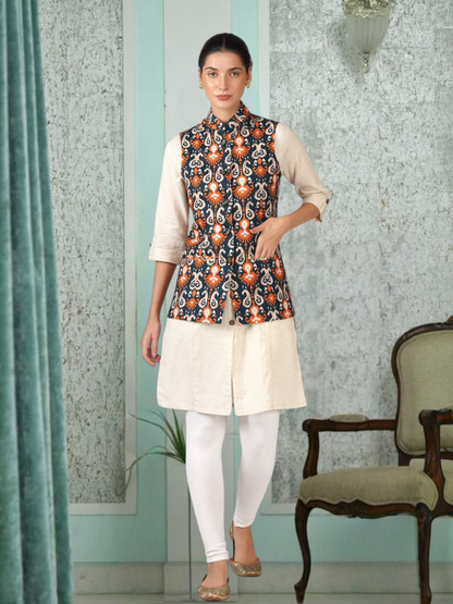 Digital Printed - Mango Silk Nehru Jacket Ladies Modi Jacket / Waistcoat