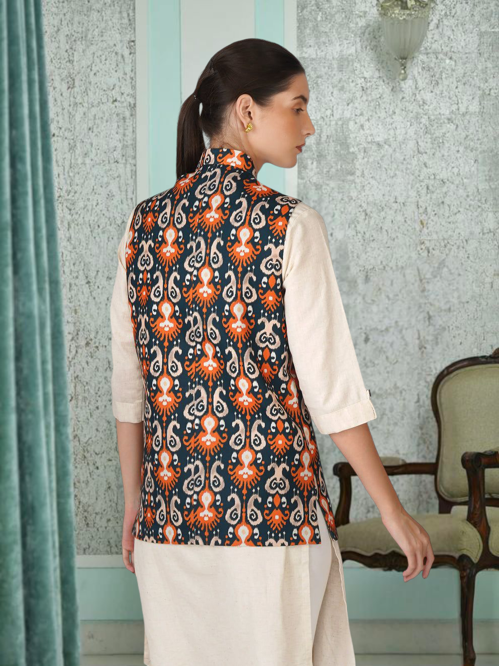 Digital Printed - Mango Silk Nehru Jacket Ladies Modi Jacket / Waistcoat