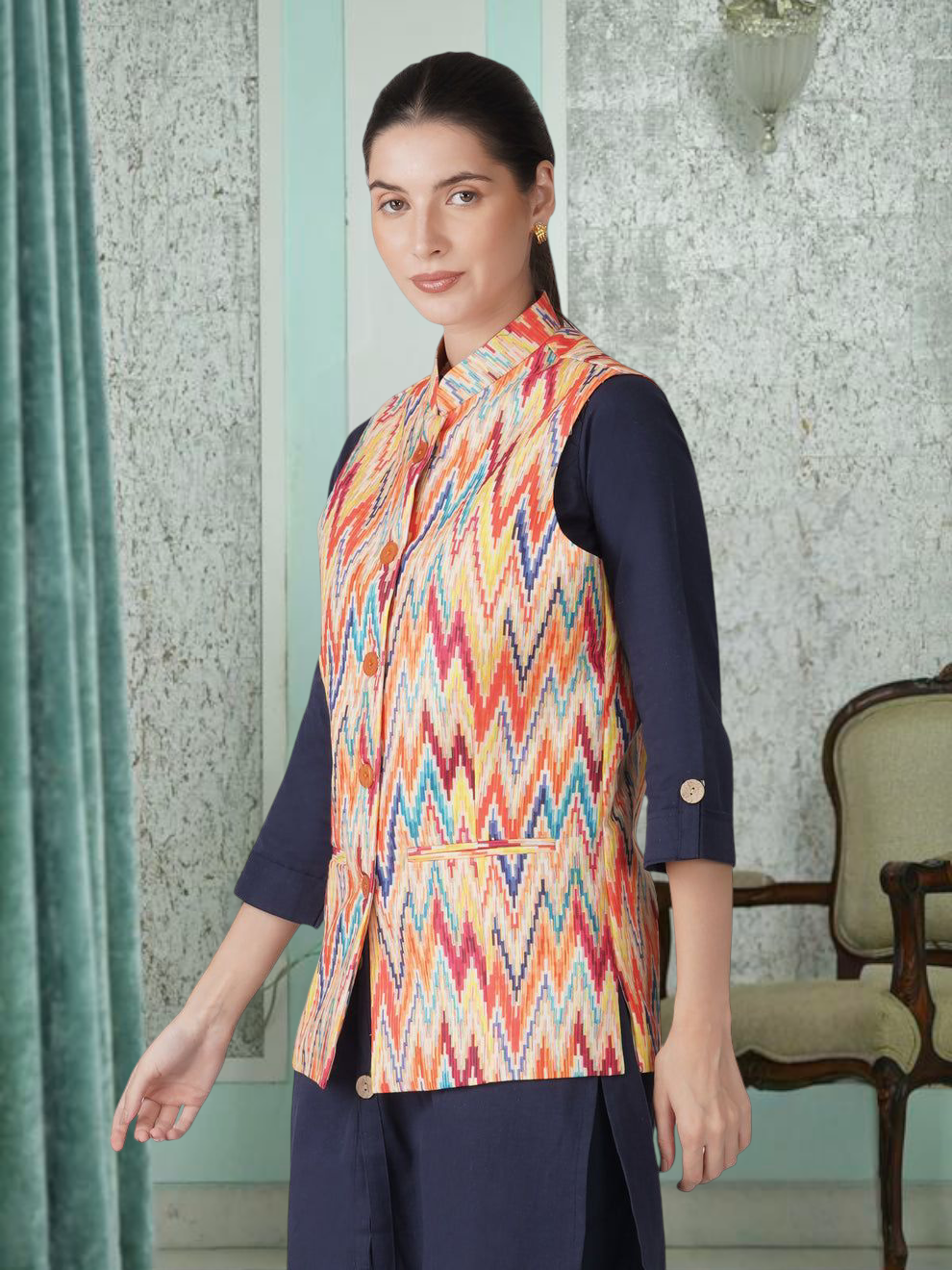 Digital Printed - Mango Silk Nehru Jacket Ladies Modi Jacket / Waistcoat