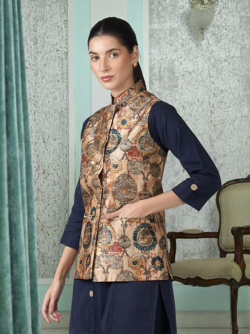 Digital Printed - Mango Silk Nehru Jacket Ladies Modi Jacket / Waistcoat
