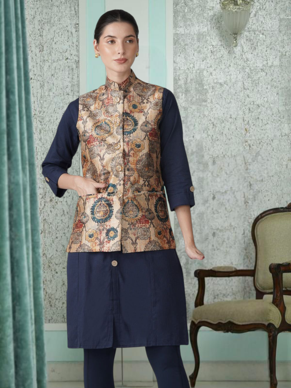 Digital Printed - Mango Silk Nehru Jacket Ladies Modi Jacket / Waistcoat