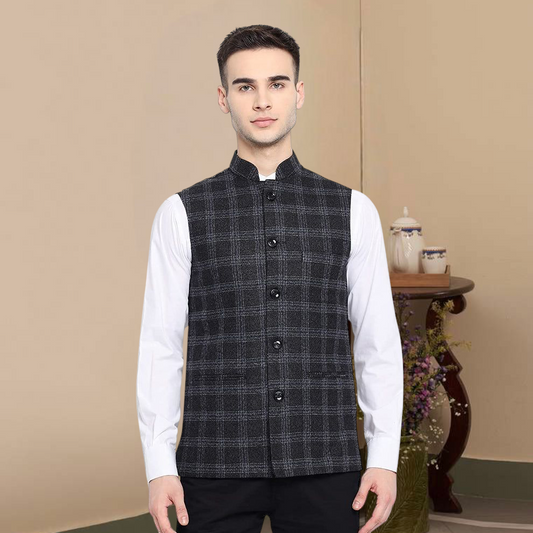 Vastraa Fusion Modi Jacket Waistcoat Checks Pattern Woolen Nehru Jacket