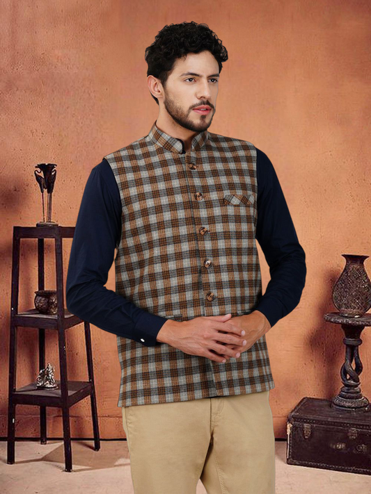 Vastraa Fusion Modi Jacket Waistcoat Checks Pattern Woolen Nehru Jacket