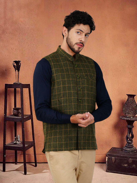 Vastraa Fusion Modi Jacket Waistcoat Checks Pattern Woolen Nehru Jacket