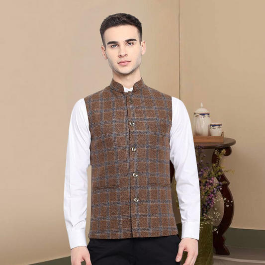 Vastraa Fusion Modi Jacket Waistcoat Checks Pattern Woolen Nehru Jacket