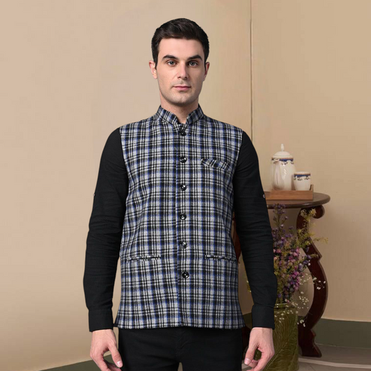 Vastraa Fusion Modi Jacket Waistcoat Checks Pattern Woolen Nehru Jacket