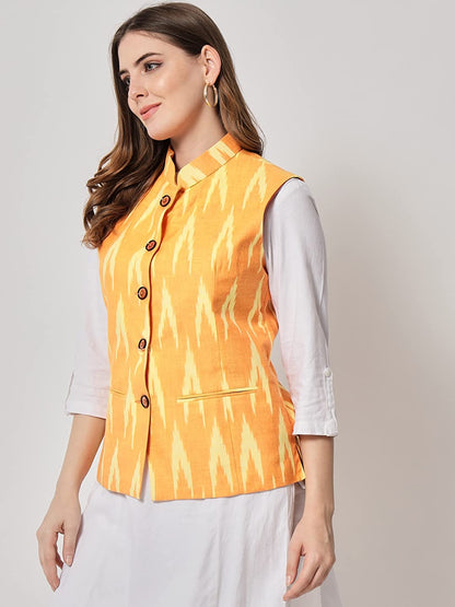 Ladies Modi Jacket / Waistcoat - Khadi Look in Mix Ikkat Patterns - South Cotton Nehru Jacket