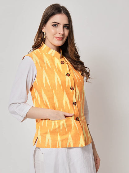 Ladies Modi Jacket / Waistcoat - Khadi Look in Mix Ikkat Patterns - South Cotton Nehru Jacket