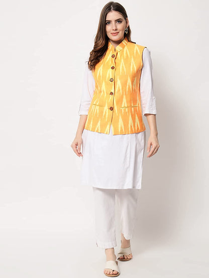 Ladies Modi Jacket / Waistcoat - Khadi Look in Mix Ikkat Patterns - South Cotton Nehru Jacket