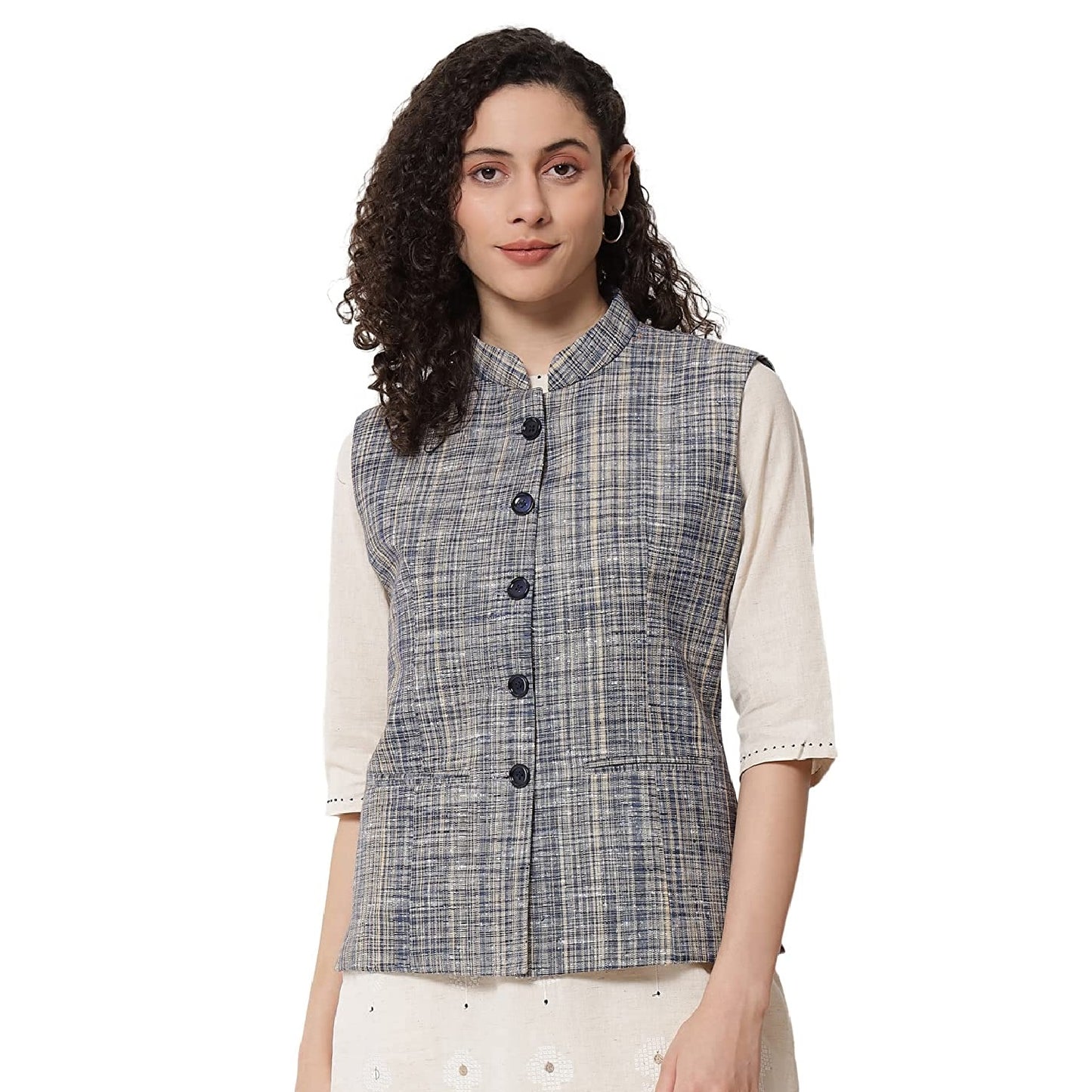 Vastraa Fusion Ladies Khadi Cotton-Small Check Patterns Modi Jacket Waistcoat